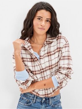 AE Cozy Cropped Flannel Shirt XS 100% Cotton‎